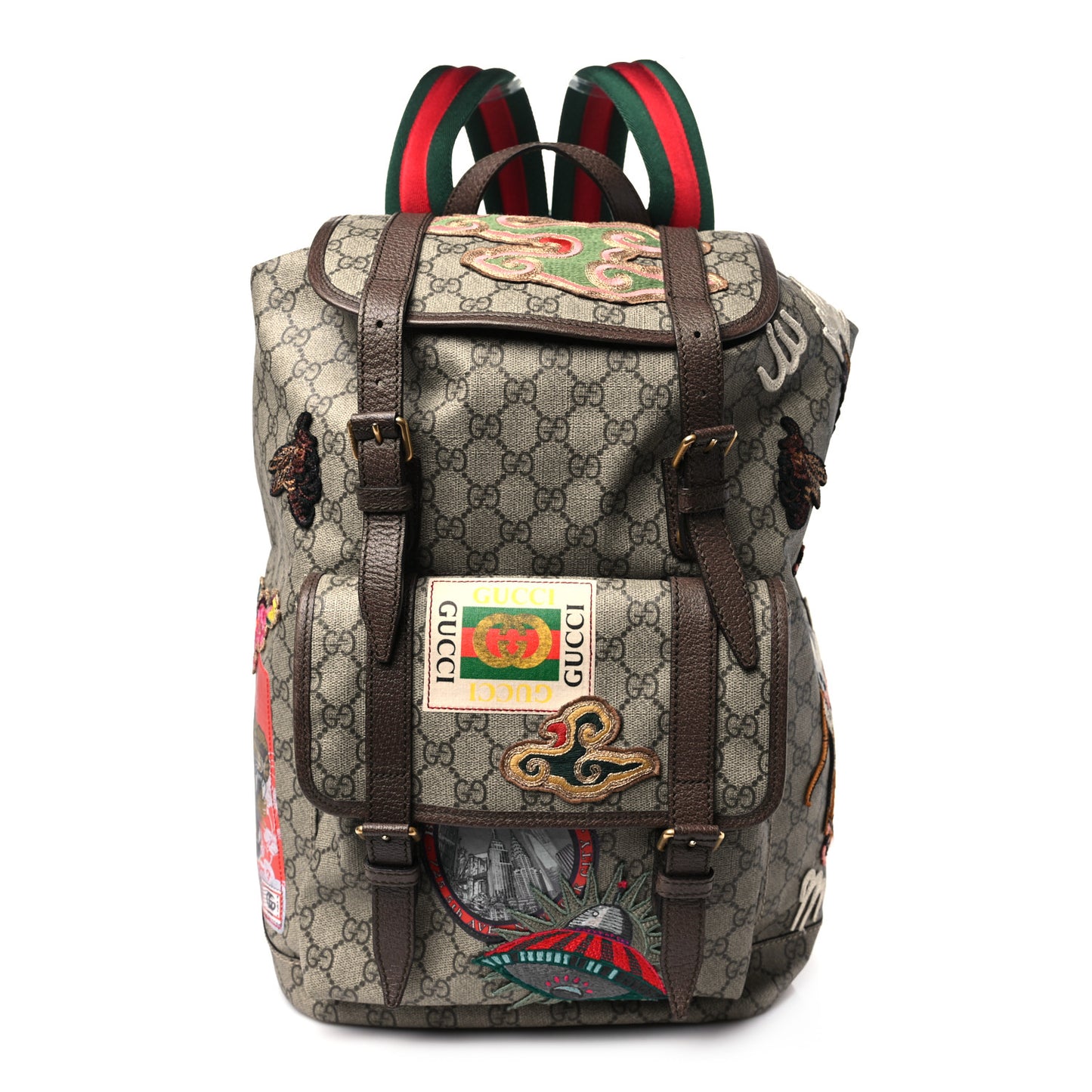 Gucci Soft GG Supreme Monogram Courrier Web Double Buckle Backpack Beige New Acero